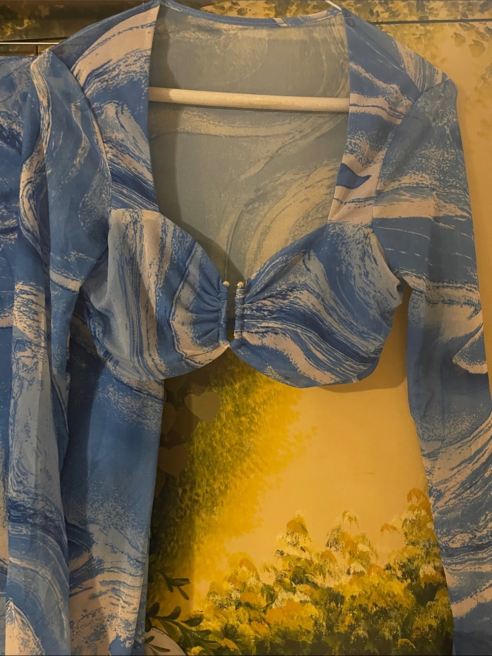 SHEIN Blue Marble-Print Sheer Long-Sleeve Crop Top with Skirt